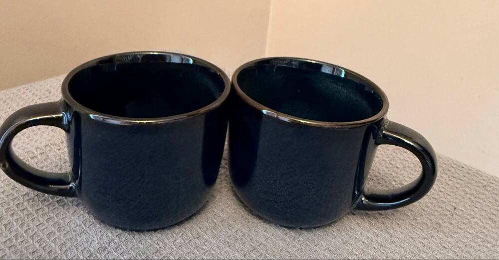 Two Blue Mugs With distinctive reactive glaze. Unique mottled appearance.